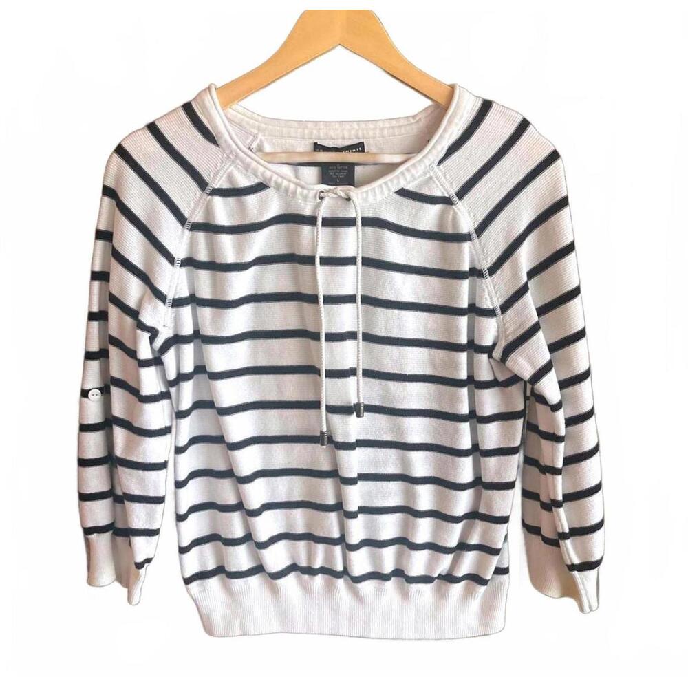 Grace Elements Women's Knit Top Large Black White Stripe Tab Sleeves Preppy - Picture 1 of 5